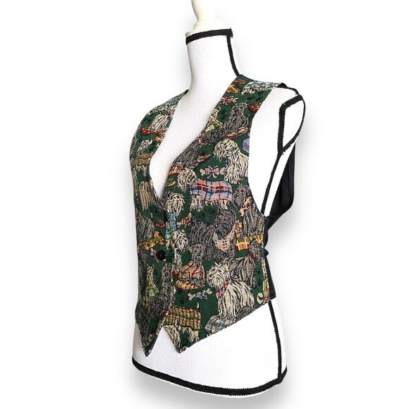 VNTG Tapestry Vest Dog Themed Sz M Green Multicolor Satin Tie Back 80s Y2k - Picture 3 of 16